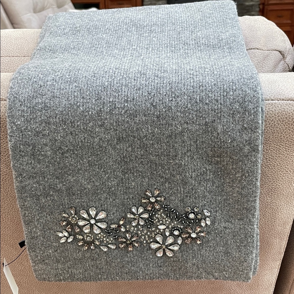 Gray Knit Scarf with Floral Embellishments